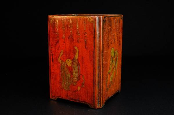 ◇◇森◇◇中国古美術 時代文房具 人物図漆塗り四角筆筒