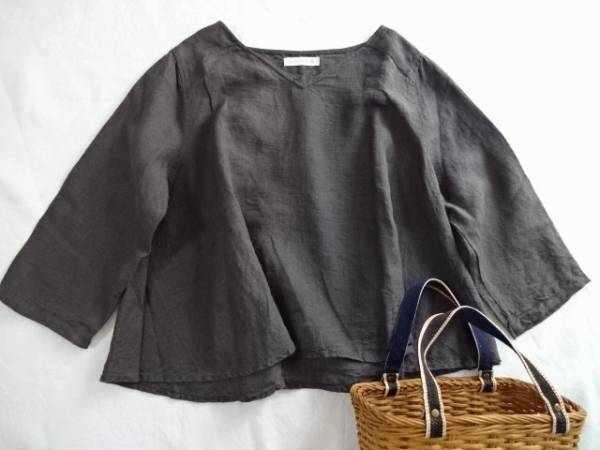 スタジオクリップ Aライン リネンブラウス ダークモカグレー