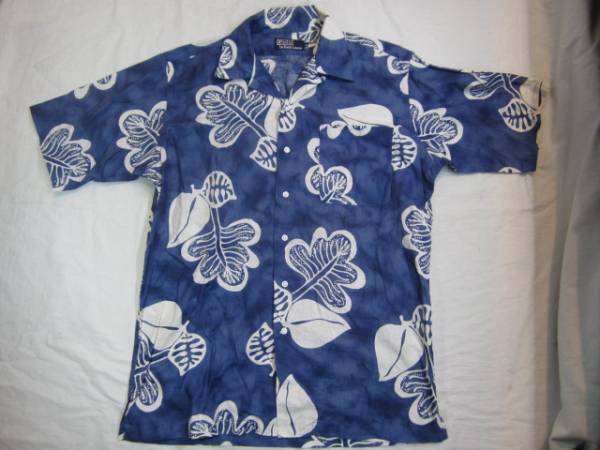 ポロラルフローレン 麻混 ムラ染めアロハシャツ 紺×白 M