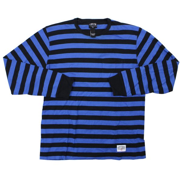 即決 送料無料 STUSSY ボーダー柄ポケット付きロンT 青黒 XL