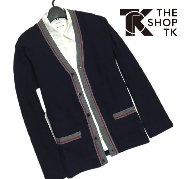 新品▼TK タケオキクチ ライン入り Vネックカーディガン/紺L