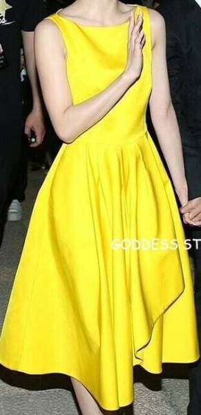 新品ミディミモレ丈エレガントワンピースパーティードレス黄色