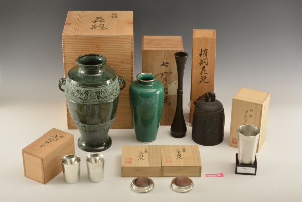 T07981　銅花入２香炉１　七宝花入１錫製品4 送料無料