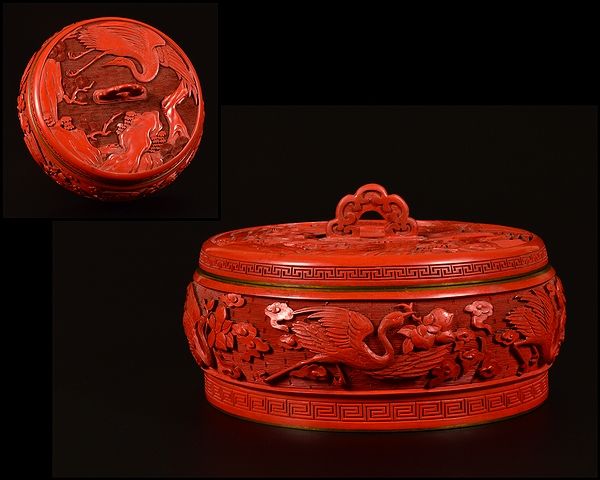 『輝』銅胎彫漆鶴文蓋物菓子器　景泰藍剔紅堆朱七宝中国美術