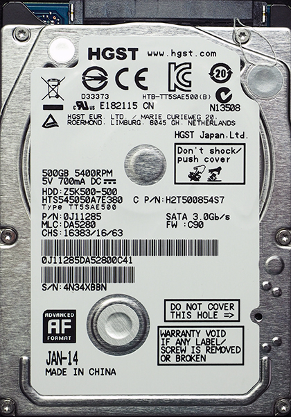 HGST HTS545050A7E380 500GB 7mm 30回 2時間