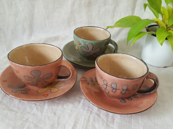作家作品☆ハンドメイド☆陶器製☆カップ&ソーサー☆3客セット カップ