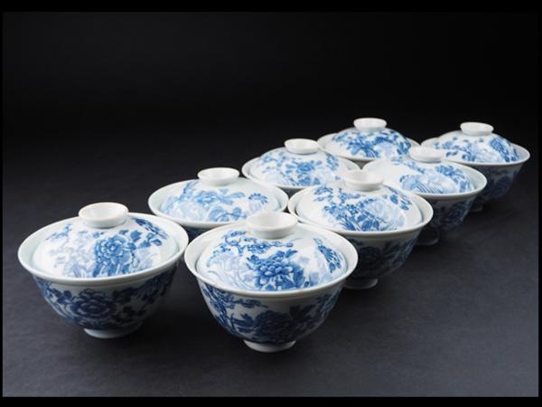 【夢工房】中国古玩青華花図蓋茶碗八客　MB71