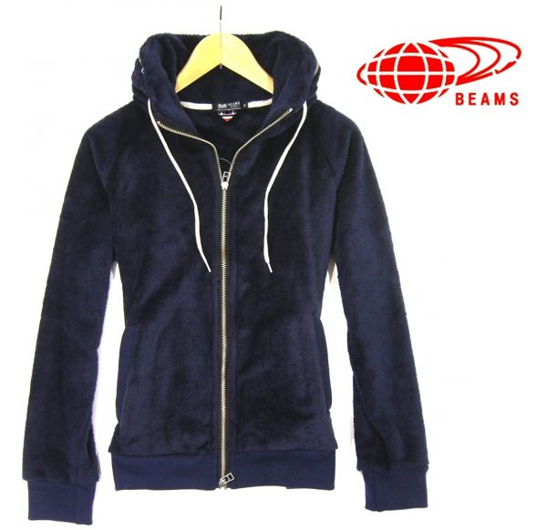 新品★ ビームス BEAMS ボア生地 フード付 ZIP ジャケット 紺 L
