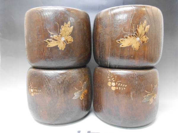 早苗;152江戸期桐製高蒔絵アゲハ蝶図紋様4個組鉄瓶掛け貴重品
