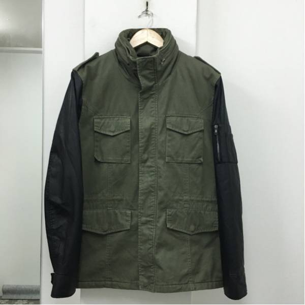 ☆ FOREVER 21 ミリタリー ジャケット カーキ レザー切り替え L 90s 