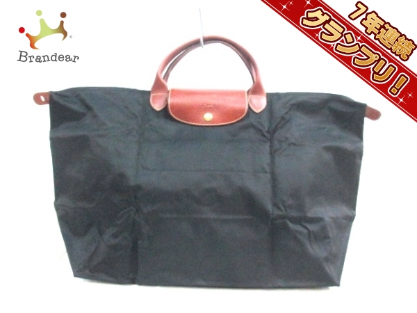 ロンシャン ボストンバッグ 黒×ダークブラウン 折りたたみ