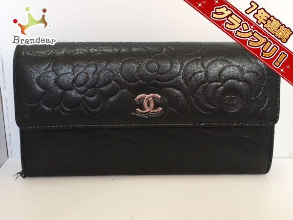 シャネル 長財布 カメリア 黒 ラムスキン CHANEL