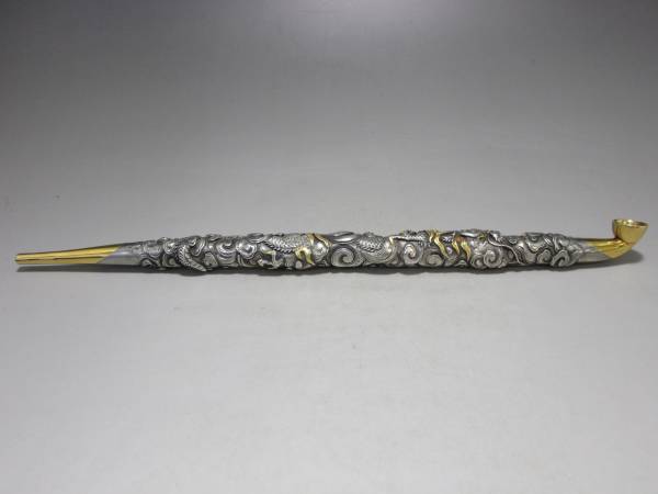 煙管 キセル 浮彫雲龍図 象嵌 全長(約)26.5cm 重さ(約)89.4g 喫煙具
