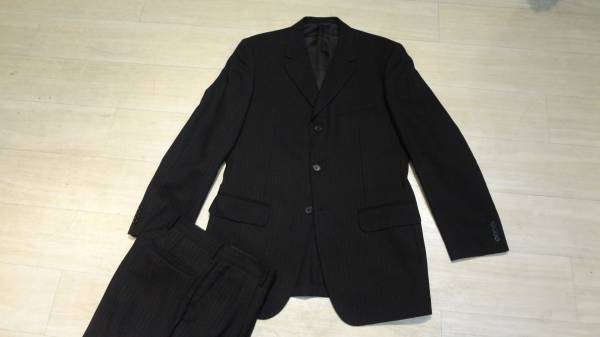 美品178cmW80cm Y7★ダーバン製HIROKO KOSHINO HOMME★美シルエット★上質3Bスーツ/黒織りストライプヒロココシノオム春夏物背抜きDURBAN