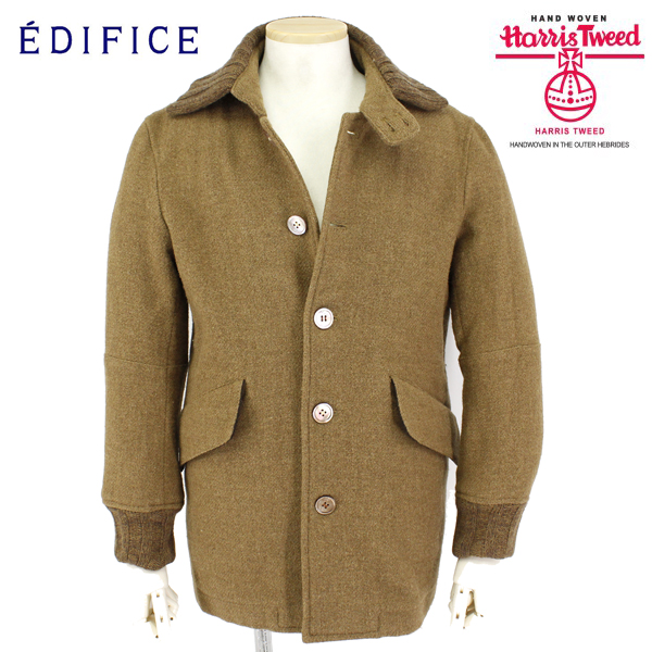 美品 EDIFICE エディフィス 英国産高級 Harris Tweed ハリスツイードコート 茶 ブラウン M ニット切替