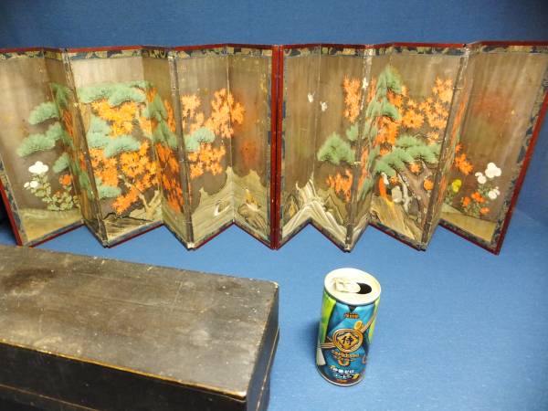 雛道具 屏風 手描き 紙本銀地彩色画 六曲一双 木箱付 雛飾り 雛人形 日本人形 桃の節句 日本画 ひな人形