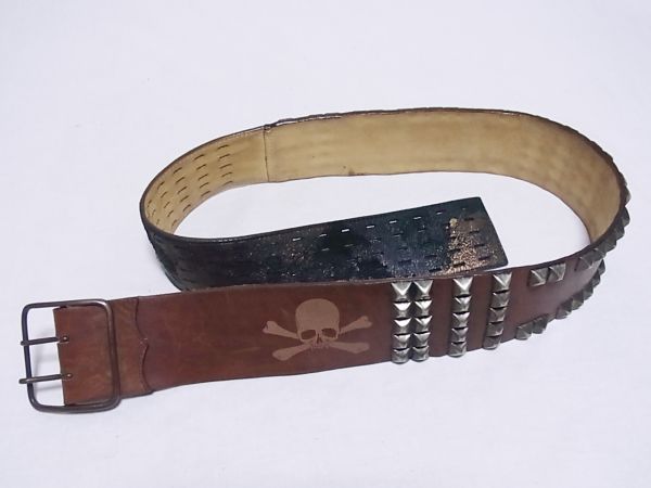 【送料510円】Roen ロエン / スタッズワイドベルト / レザー / スカル / ピラミッドスタッズ / ダブルピン / 茶 ブラウン / HYDE愛用 /