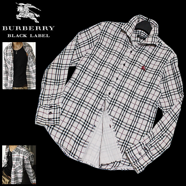 バーバリーブラックレーベル ホース刺繍 総柄ノバチェック 襟ワイヤー シワ加工 ダブルガーゼ長袖シャツ 2(M)■BURBERRY BLACK LABEL