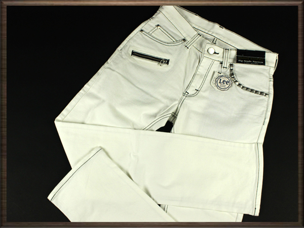 ★Lee RIDERS リー 正規新品 ゴルフOK!!スタッズ装飾付き!!黒ステッチデザイン!!ストレッチコットンパンツ 白×黒 W28 ★ジーンズ