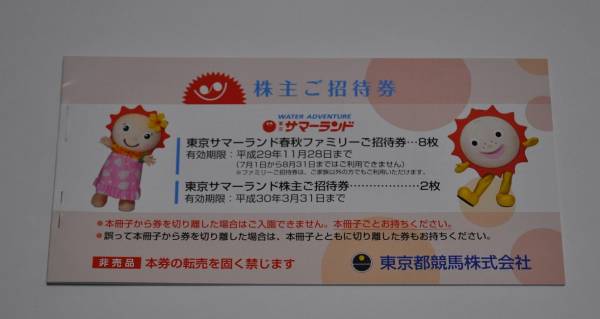 東京都競馬株主優待　サマーランドフリーパス1冊【普通郵便無料】２