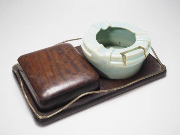 T706545 【 唐木製 煙草盆 セット 古い 】　検) 茶道具 木工芸 古民具 杢目 木製 唐木 莨盆 煙草入れ 灰皿 火入 喫煙具 唐物 中国 古玩 ⅱ