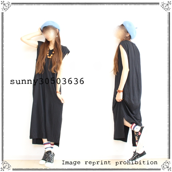 MOUSSYマウジー★黒Vネックスリット入りロングルーズワンピ★