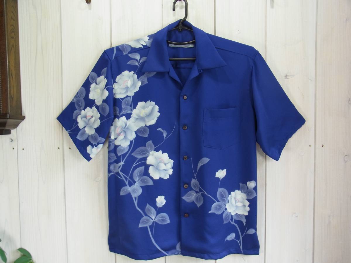 古布鎌倉山アロハ*着物リメイク和柄アロハシャツ：正絹訪問着・宵白椿・Ｌ