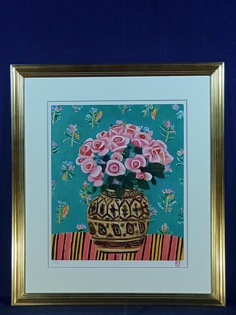 美品 児島善三郎「ペルシャ壺にバラ」リトグラフ 印章有 兒嶋俊郎監修証明シール有 美品 印章有 兒嶋俊郎監修 児島善三郎「ペルシャ壺にバラ」リトグラフ
