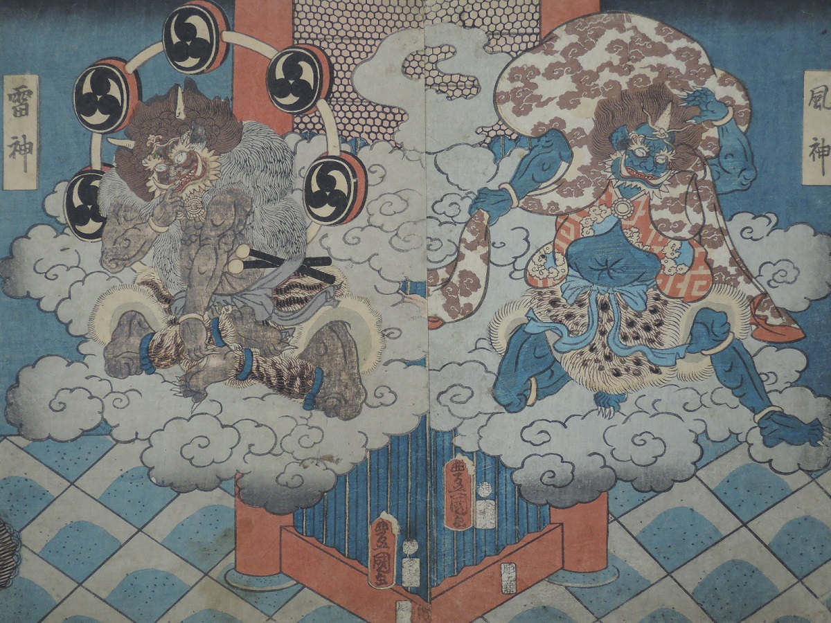 HANA/珍品！本物 浮世絵 風神雷神図 歌川豊国画！木版画 大判 錦絵 