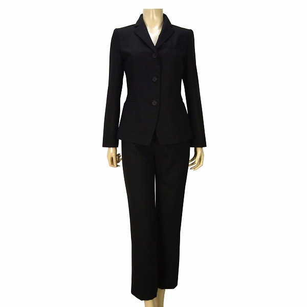 A 新品同様★AWAW BY JUNKO SHIMADA ジュンコシマダ★黒×フォグブルー系*綺麗チェック柄*ロゴ文字入りボタン*高級パンツスーツ*11AR(11号)