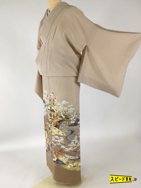 スピ買■1円 名品 色留袖 ベージュ 松竹梅 風景 金駒刺繍 一つ紋(縫い紋) 正絹 袷 163cm Mサイズ ☆☆☆☆