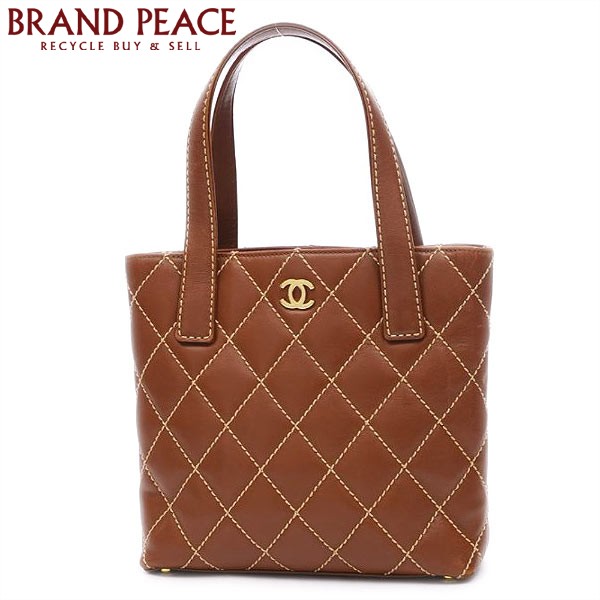 シャネル ワイルドステッチ　ハンドバッグ　レザー　ブラウン