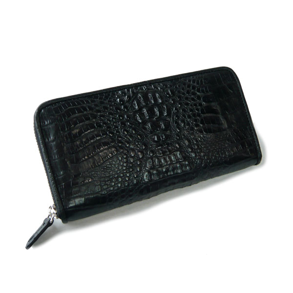 カイマン 長財布 ラウンドファスナー ワニ革 財布 黒 ブラック 本革 メンズ レディース 兼用