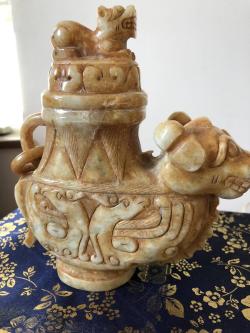 唐物 彫刻 和田玉 中国美術 玉彫 古玩 627g 極上細密彫 蓮上天女