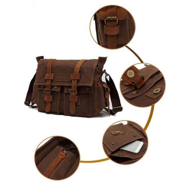 0128/3.3メッセンジャーバッグ 斜め掛けバッグ メンズ レディース 帆布＋本革 レトロでカジュアル 大容量 ポケット ★グレー★_2