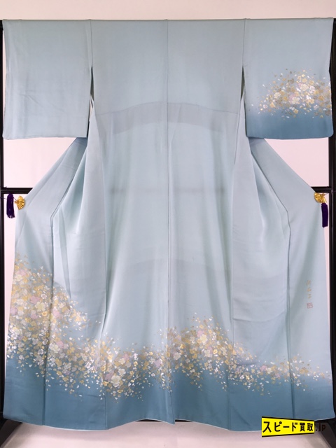 スピ買■1円 逸品 訪問着 水色 金糸 銀糸 ぼかし 桜 落款 宮廷の華 正絹 袷 159.5cm Mサイズ ☆☆☆☆☆
