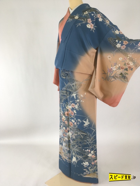 スピ買■ 着物 1円 名品 美品 訪問着 水色 草花文 鳥 流水 染分け 金彩 正絹 袷 160.5cm ☆☆☆☆
