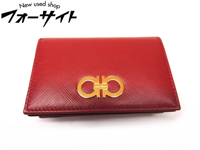 未使用 展示品 Salvatore Ferragamo フェラガモ■22C330 ガンチーニ ゴールド金具 レッド カードケース 名刺入れ□２９L