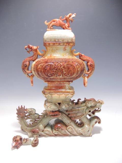 581/☆遊環香炉 玉製 高さ39cm 東洋彫刻 香道具 中国美術