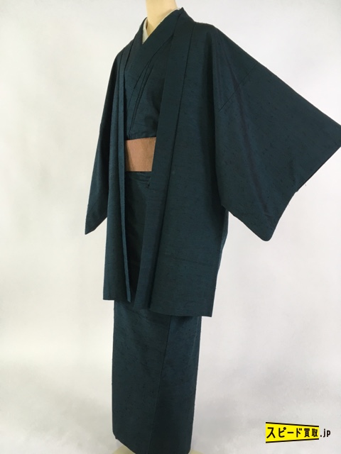 スピ買■ 着物 名品 男性着物 紬 青緑 ひげ紬 アンサンブル 正絹 身丈145.5cm 裄丈67cm ☆☆☆☆