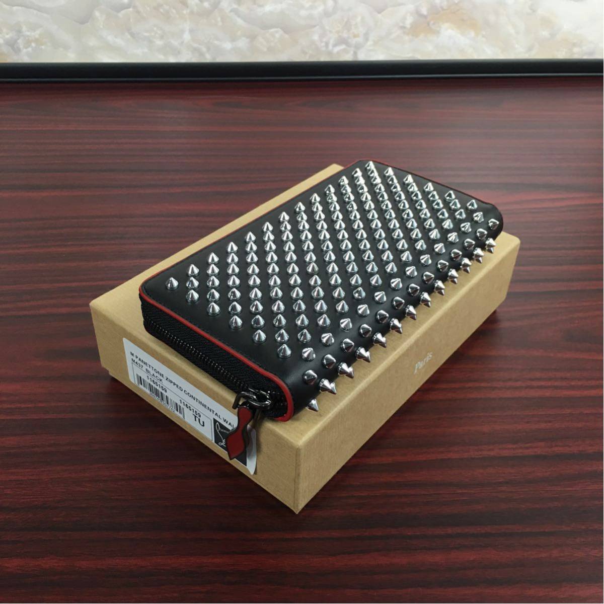 未使用/ChristianLoubouti/クリスチャンルブタンpanettoneスタッズジップウォレットブラックレザー×シルバー スタッズ