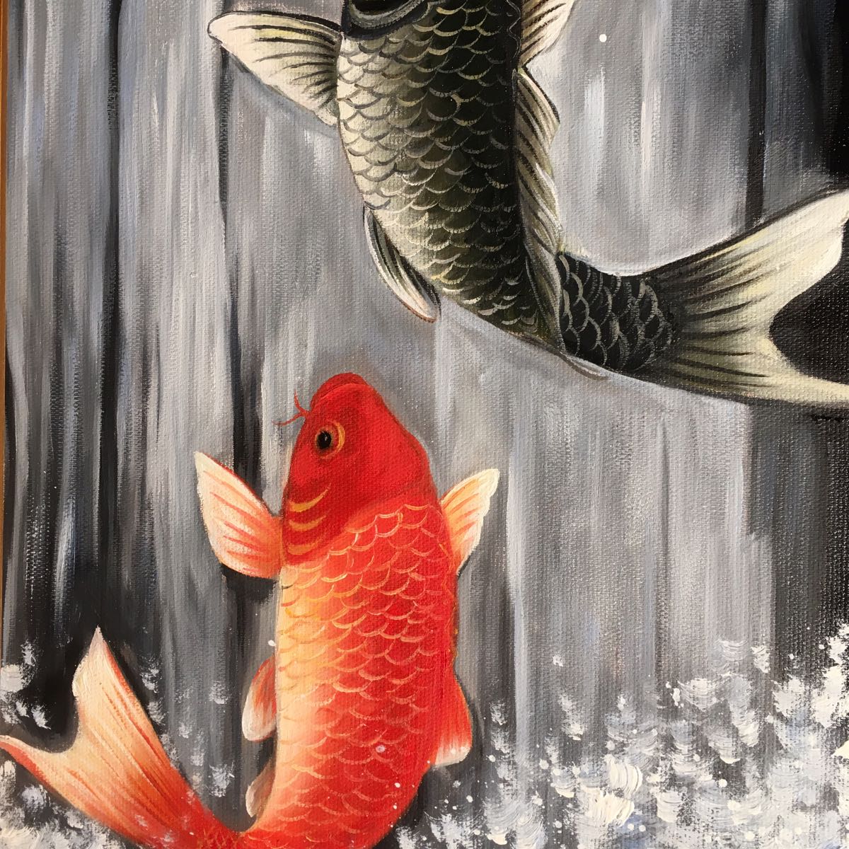 鯉の滝登り 開運 金運 絵画 インテリア 手書き油絵 油彩画 額付 風水
