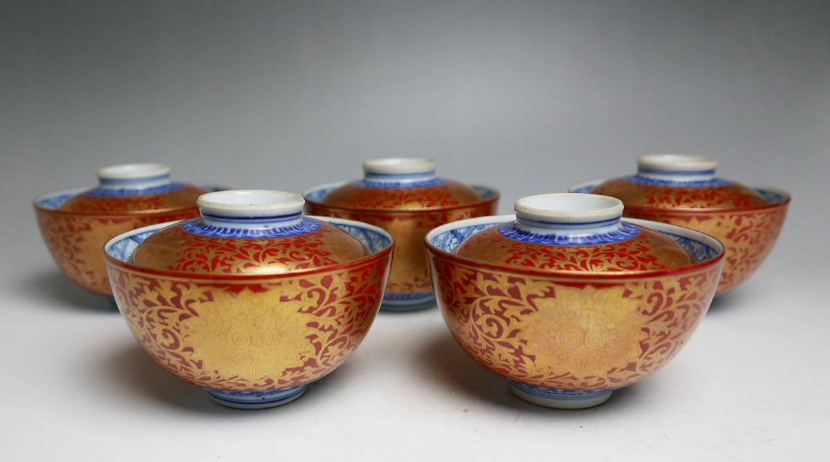 大日本永楽造 金襴手蓋付茶碗 五客 合わせ箱/ 懐石道具_1