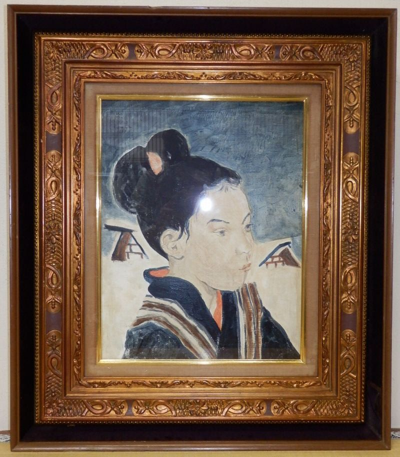 藤田嗣治　油彩画　「秋田の子」　平野政吉鑑定シール　清楚な少女像、見惚れます