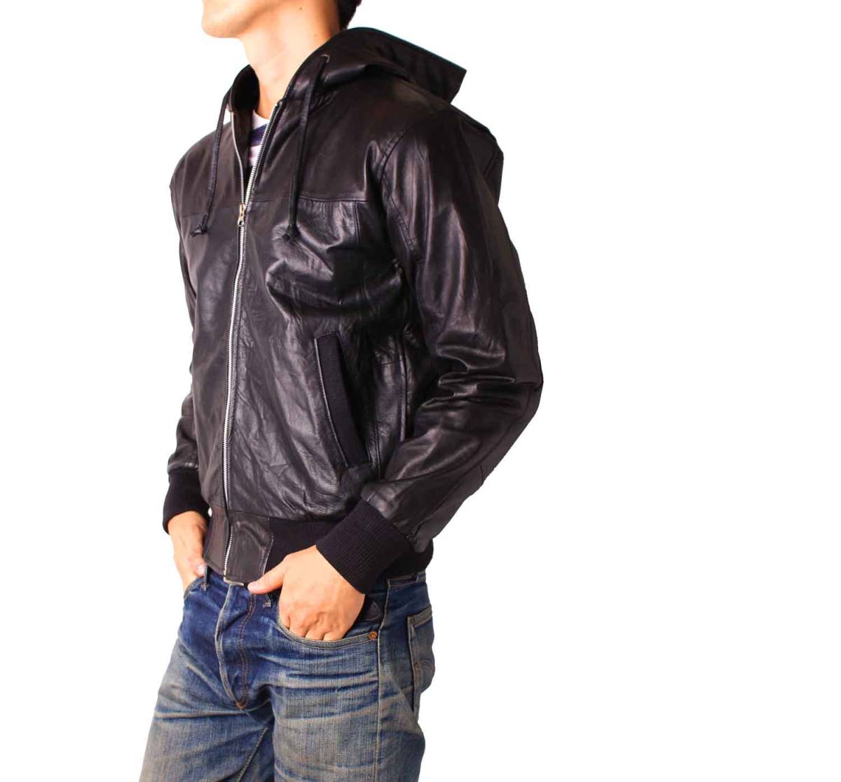 スタイリスト出品◆XXLサイズ 本革 レザーライダースパーカージャケット黒A73 ブラック/ 　 ※条件付送料無料 革ジャン/皮ジャン/メンズ