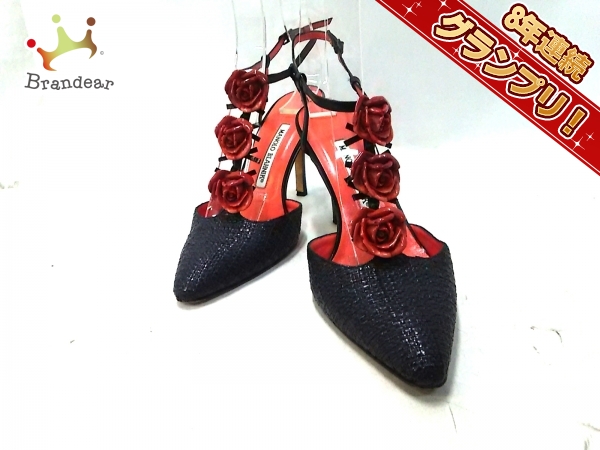 マノロブラニク MANOLO BLAHNIK 靴 サンダル 36 化学繊維×レザー 黒×レッド レディース フラワー