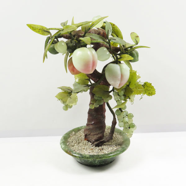 中国美術 石彫刻細工 翡翠? 玉石飾り 白葡萄仙桃 置物 オブジェ 中国