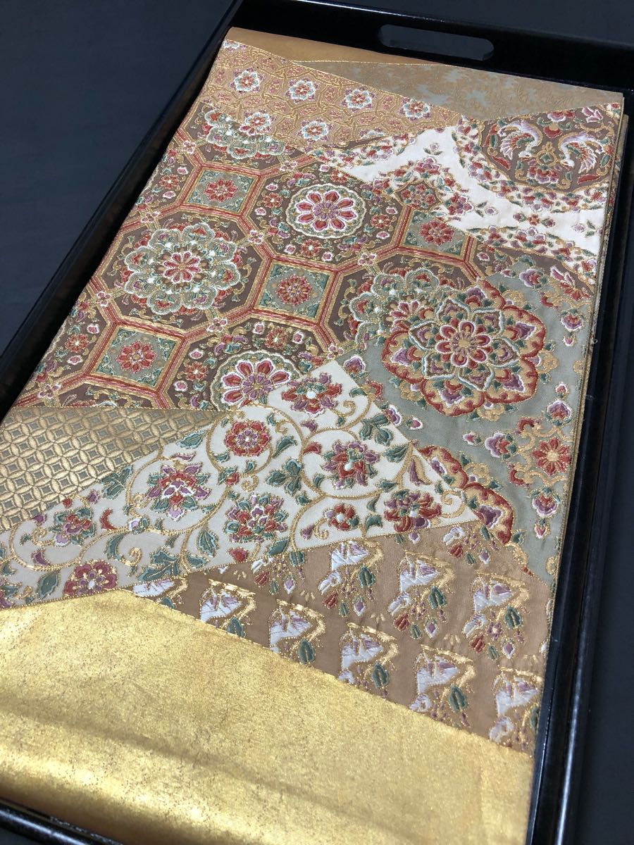 日舞家所蔵品★【逸品】西陣老舗機元「茂綾織謹製」53万「正倉院宝相華×名物裂取 花兎 向かい朱雀」絽刺し刺繍 金泥錦 きりばめ 太鼓柄