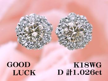 1円～最落無 天然ダイヤモンド 計1.026ct/センターD 計0.526ct，M，VS-1uｐ，GOOD uｐ，GGSソ付，K18WG ゴージャス ダイヤ ピアス