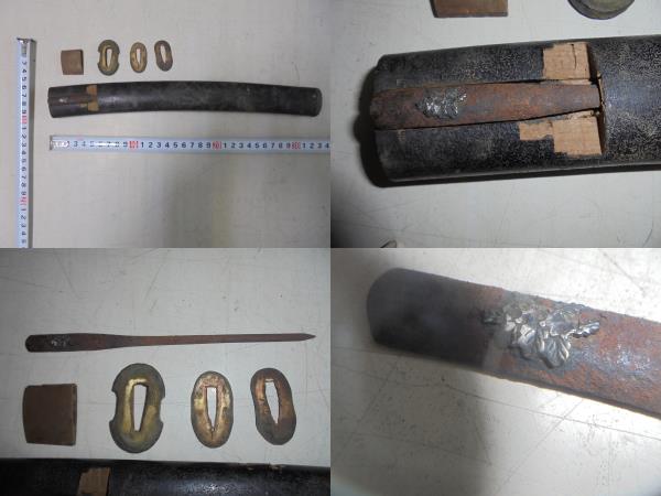 AKa6023◇隼◇時代 日本刀 古い鞘 ハバキ 切羽 鍔 笄 セット 刀装具